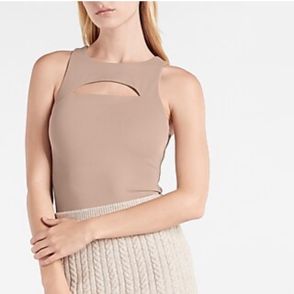 EXPRESS Body Contour Sleeveless High Neck Cutout Thong Bodysuit XL nude tan